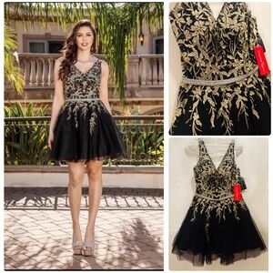 NWT Dancing Queen Floral Lace Embellished Skater Cocktail Dress, Black and Gold